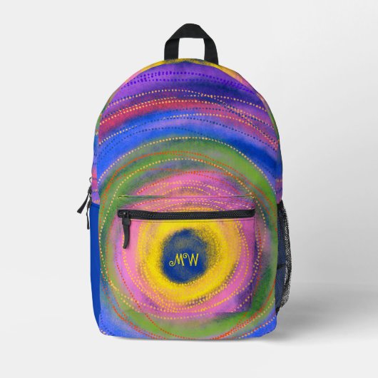 Monogram Colorful vibrant centering Circles プリントバックパック (正面)