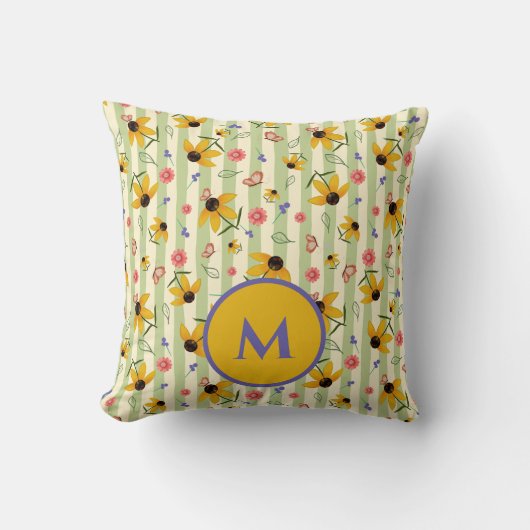 Monogram Coneflower Butterfly Floral Patterned  クッション (正面)