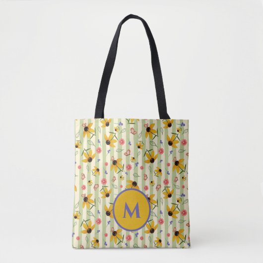 Monogram Coneflower Butterfly Floral Patterned トートバッグ (正面)