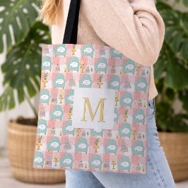 Monogram Cozy Cat & Book Tote Bag Girly Pink トートバッグ