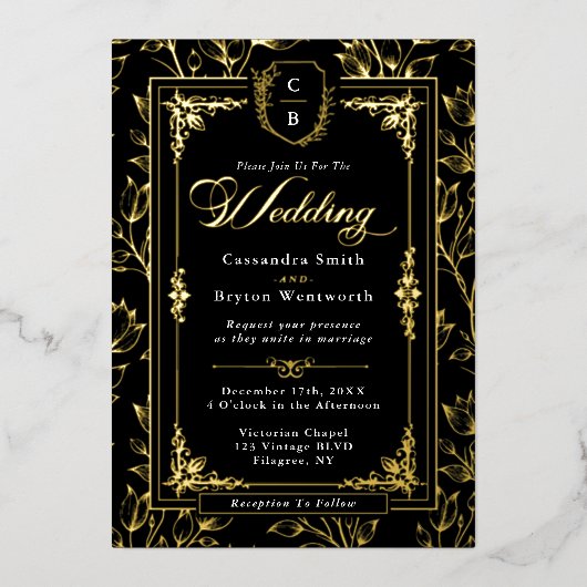 Monogram Crest Antique Black Gold Frame Wedding 箔招待状 (正面)