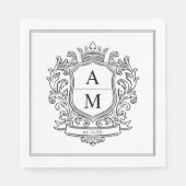Monogram Crest Black and White Paper Wedding スタンダードランチョンナプキン (正面)