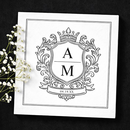 Monogram Crest Black and White Paper Wedding スタンダードランチョンナプキン