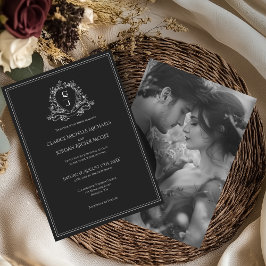 Monogram Crest Black and White Photo Wedding 招待状