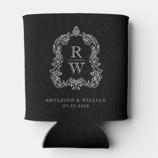 Monogram Crest Black and White Wedding 缶クーラー (裏面)