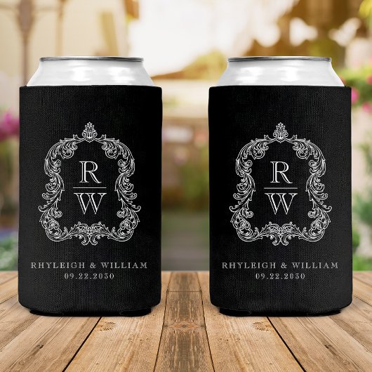 Monogram Crest Black and White Wedding 缶クーラー
