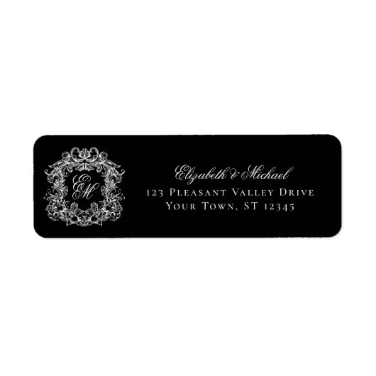 Monogram Crest Black Wedding Return Address ラベル (正面)