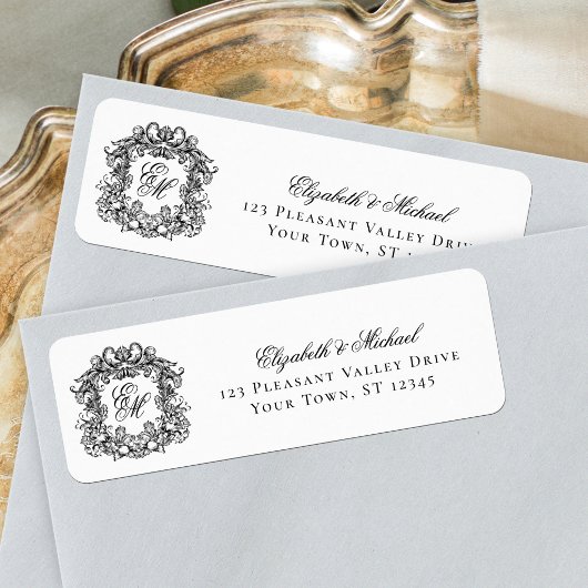 Monogram Crest Black White Wedding Return Address ラベル