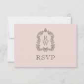 Monogram Crest Blush Pink Wedding 出欠カード (正面)