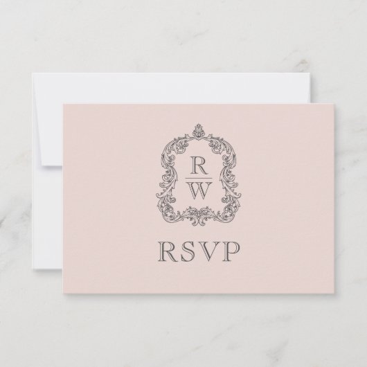 Monogram Crest Blush Pink Wedding 出欠カード (正面)