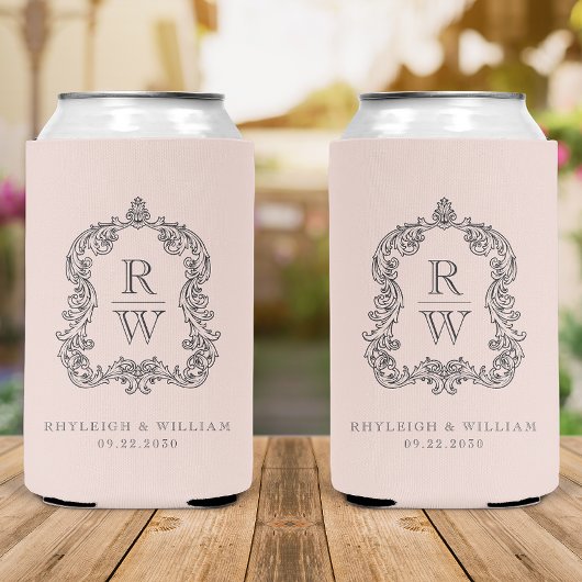 Monogram Crest Blush Pink Wedding 缶クーラー