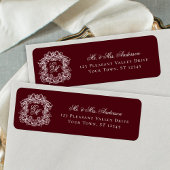 Monogram Crest Burgundy Wedding Return Address ラベル