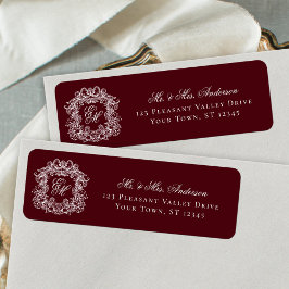 Monogram Crest Burgundy Wedding Return Address ラベル