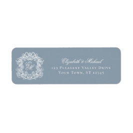 Monogram Crest Dusty Blue Wedding Return Address ラベル