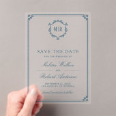 Monogram Crest Dusty Blue Wedding Save the Date アクリル招待状 (インサイチュ (ポータブル))