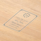 Monogram Crest Dusty Blue Wedding Save the Date アクリル招待状 (レイダウン)