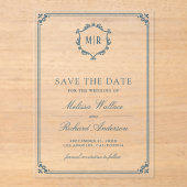 Monogram Crest Dusty Blue Wedding Save the Date アクリル招待状 (正面)