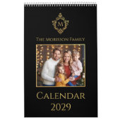 Monogram Crest Elegant Black and Gold Family Photo カレンダー (カバー)