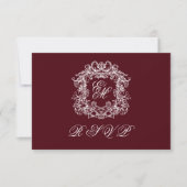 Monogram Crest Elegant Burgundy Wedding 出欠カード (正面)