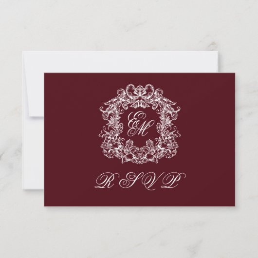 Monogram Crest Elegant Burgundy Wedding 出欠カード (正面)