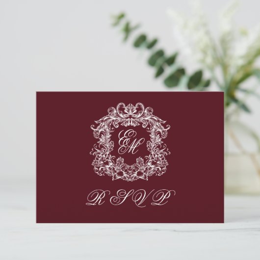 Monogram Crest Elegant Burgundy Wedding 出欠カード (スタンド正面)