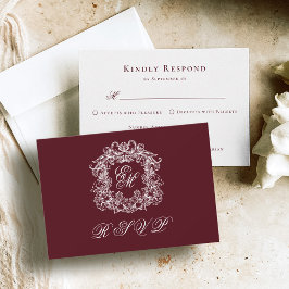 Monogram Crest Elegant Burgundy Wedding 出欠カード