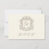 Monogram Crest Elegant Ivory Menu Wedding 出欠カード (正面)