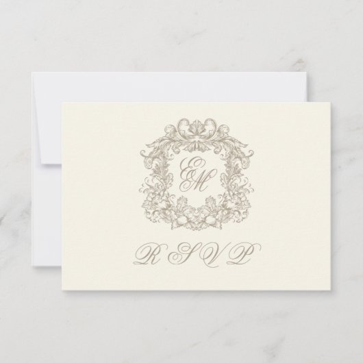 Monogram Crest Elegant Ivory Menu Wedding 出欠カード (正面)