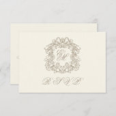 Monogram Crest Elegant Ivory Menu Wedding 出欠カード (正面/裏面)