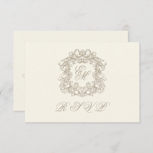 Monogram Crest Elegant Ivory Menu Wedding 出欠カード (正面/裏面)