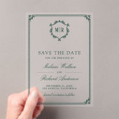 Monogram Crest Emerald Green Wedding Save the Date アクリル招待状 (インサイチュ (ポータブル))