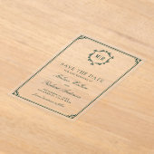 Monogram Crest Emerald Green Wedding Save the Date アクリル招待状 (レイダウン)