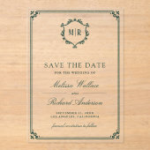 Monogram Crest Emerald Green Wedding Save the Date アクリル招待状 (正面)