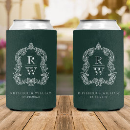 Monogram Crest Forest Green Wedding 缶クーラー