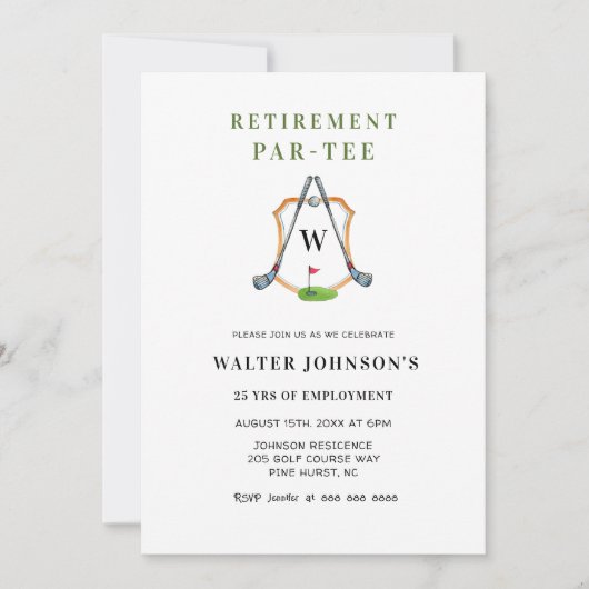Monogram Crest Golf Themed Retirement Party 招待状 (正面)