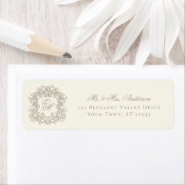 Monogram Crest Ivory Wedding Return Address ラベル