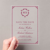 Monogram Crest Magenta Wedding Save the Date アクリル招待状 (インサイチュ (ポータブル))
