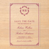 Monogram Crest Magenta Wedding Save the Date アクリル招待状 (正面)