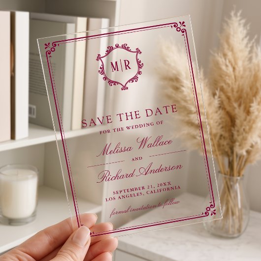 Monogram Crest Magenta Wedding Save the Date アクリル招待状
