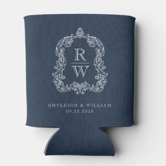 Monogram Crest Navy Blue Wedding 缶クーラー (裏面)