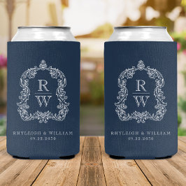 Monogram Crest Navy Blue Wedding 缶クーラー