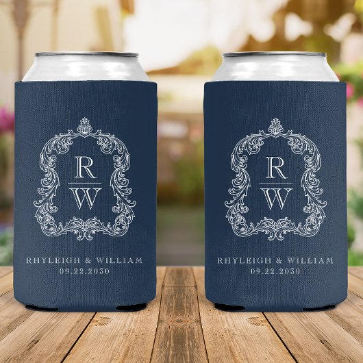 Monogram Crest Navy Blue Wedding 缶クーラー
