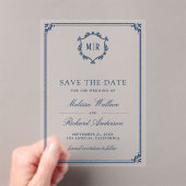 Monogram Crest Navy Blue Wedding Save the Date アクリル招待状 (インサイチュ (ポータブル))