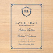 Monogram Crest Navy Blue Wedding Save the Date アクリル招待状 (正面)