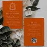 Monogram Crest Persimmon Orange QR Code Wedding 招待状<br><div class="desc">This elegant vintage-inspired wedding invitation design features a pair of white monogram initials in open serif font above and below a dividing line and encircled by a line art acanthus crest on a persimmon orange background. The reverse side provides space for wedding details on a solid persimmon background, along with...</div>