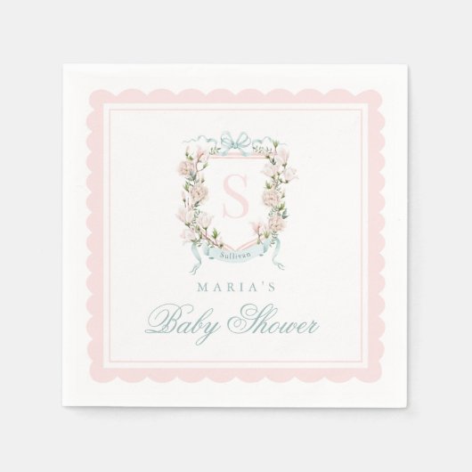 Monogram Crest Pink Bow Scallop スタンダードカクテルナプキン (正面)