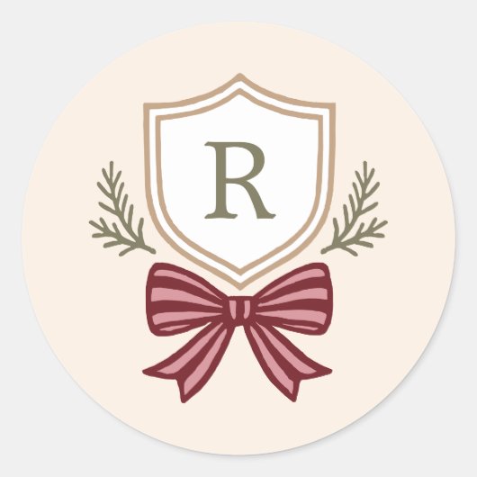 Monogram Crest Red Bow Christmas Envelope Seals ラウンドシール (正面)