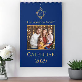 Monogram & Crest Royal Blue Faux Gold Family Photo カレンダー
