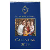 Monogram & Crest Royal Blue Faux Gold Family Photo カレンダー (カバー)
