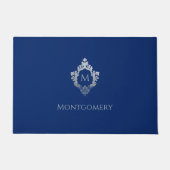 Monogram Crest Royal Blue Faux Silver Ornate Name  ドアマット (正面)